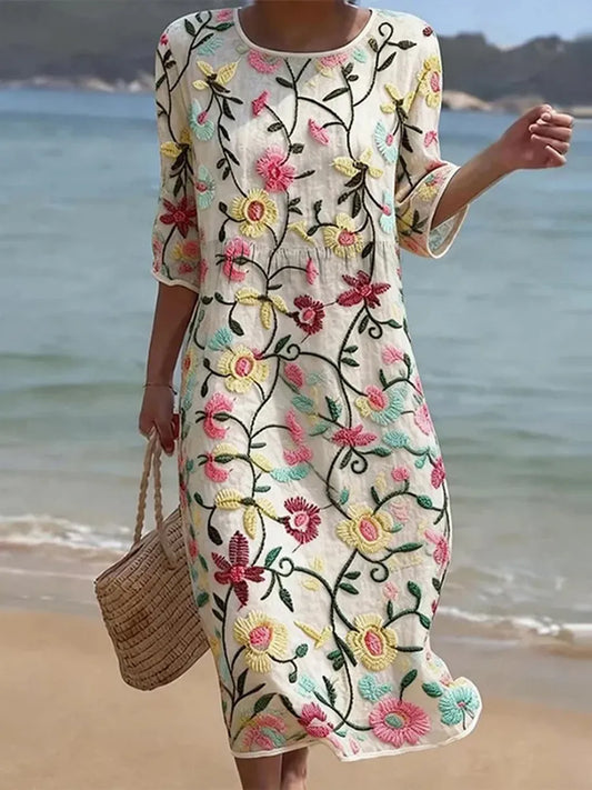 Flora | Robe Écrue au Jardin Multicolore