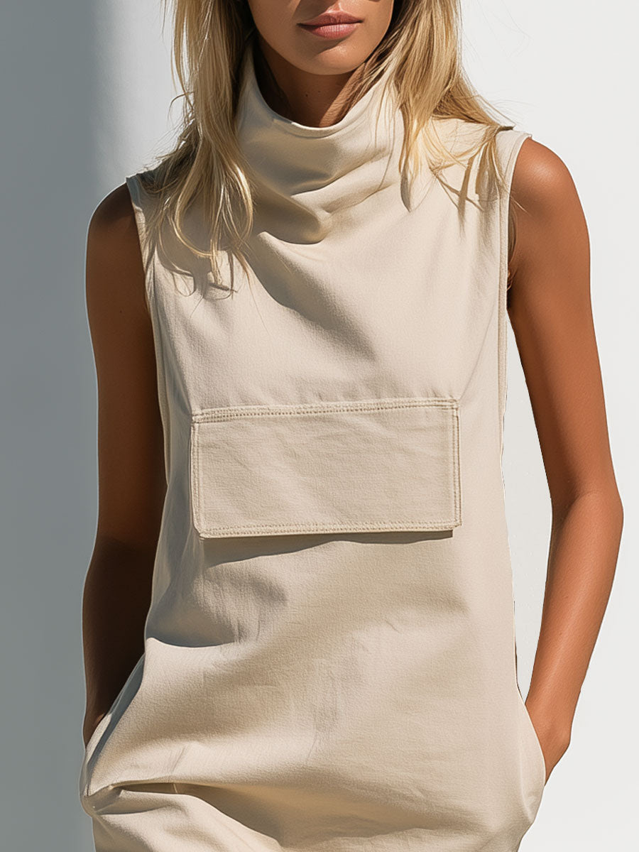 Casual Retro Beige Turtleneck Sleeveless Pocket Cotton Mini Dress