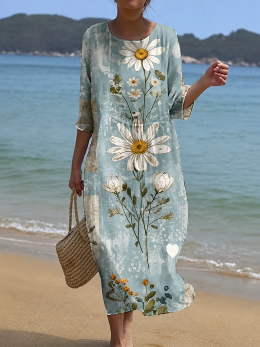 Marguerite | Robe Bleu Sauge aux Grandes Marguerites
