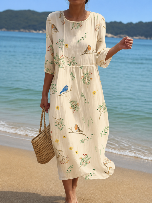 Colombe | Robe Ivoire aux Oiseaux et Fleurettes