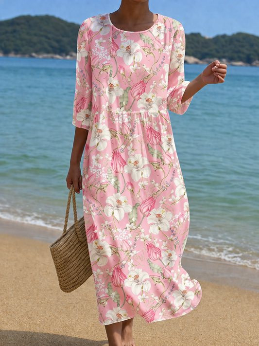 Azélie | Robe Rose aux Fleurs de Magnolia