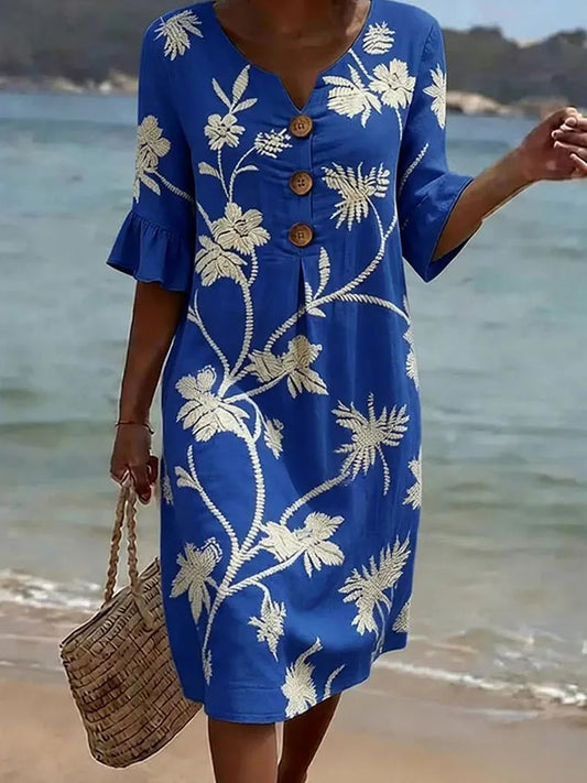 Alix | Robe Bleu Royal aux Motifs Botaniques