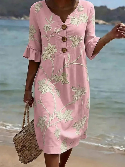 Anaëlle | Robe Rose Poudré aux Motifs Botaniques