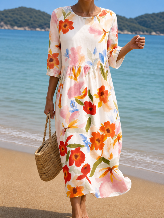 Garance | Robe Blanche aux Fleurs Corail