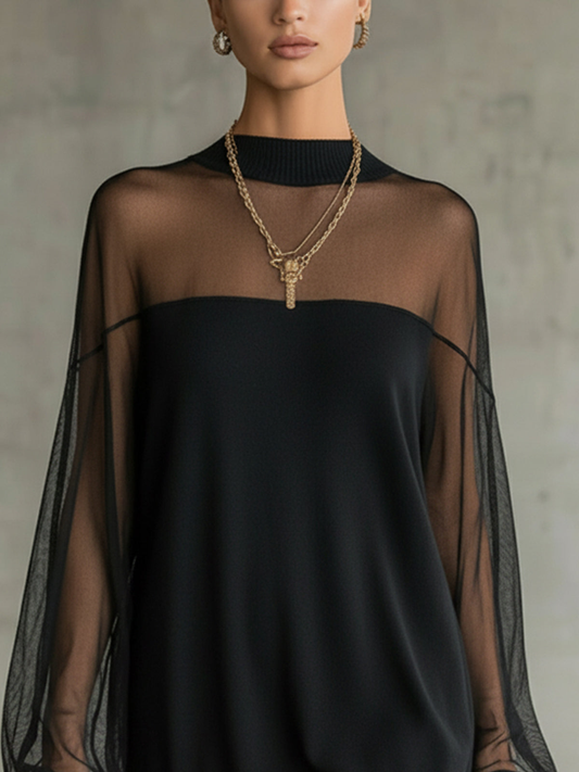 Amélie | Élégante Mini-Robe Noire à Manches en Résille