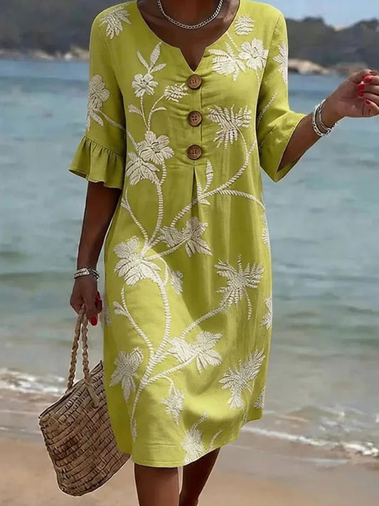 Agathe | Robe Vert Tilleul aux Motifs Botaniques