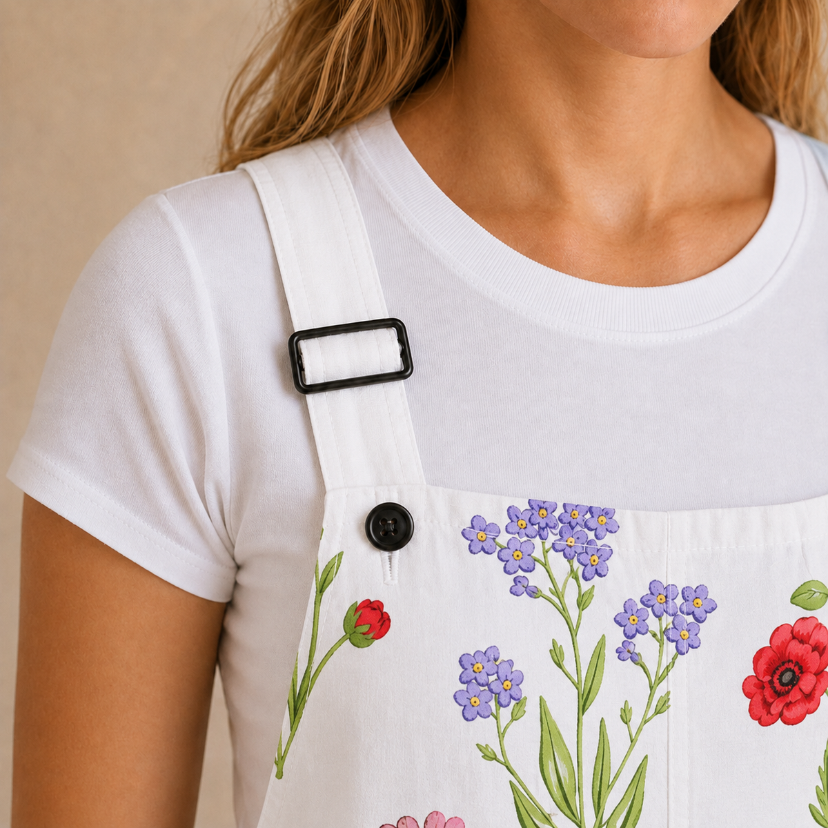 Salopette Jardin Sauvage Blanche - détail boucle et bouton noirs