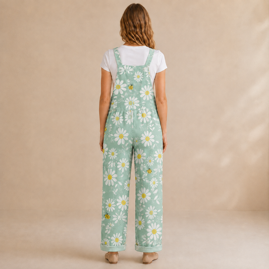Salopette Marguerites et Abeilles Menthe - vue de dos, sans boucle