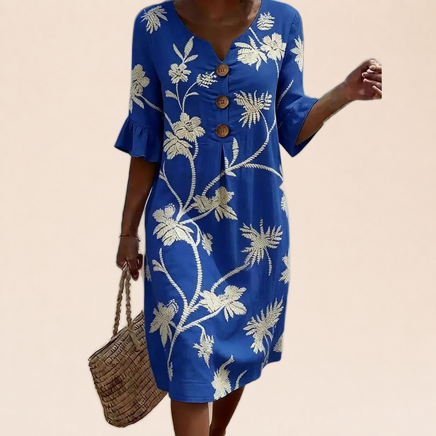 Alix | Robe Bleu Royal aux Motifs Botaniques sur fond crème Verlanden