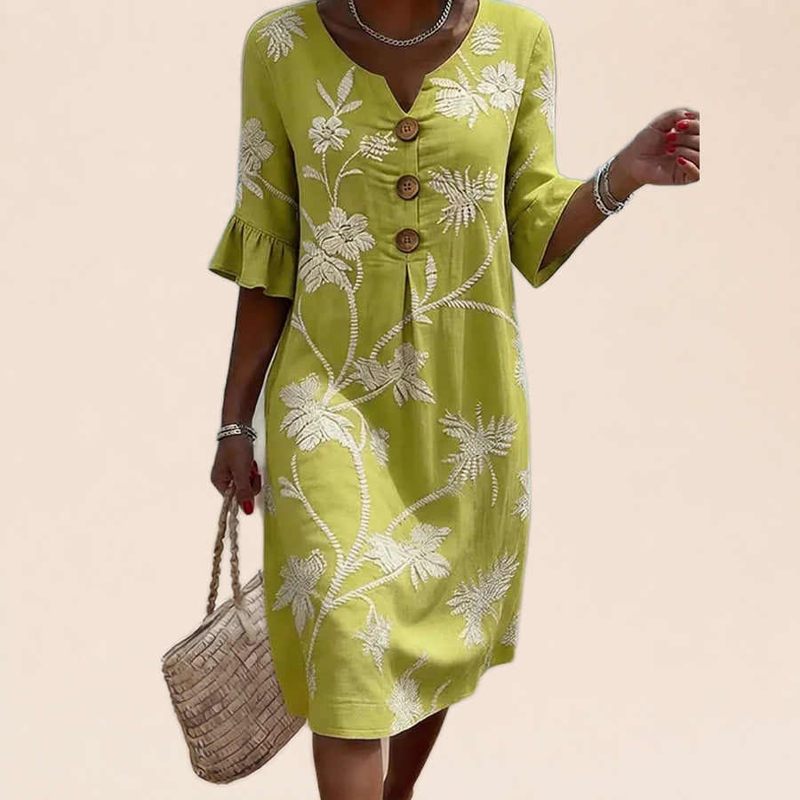 Agathe | Robe Vert Tilleul aux Motifs Botaniques sur fond crème Verlanden