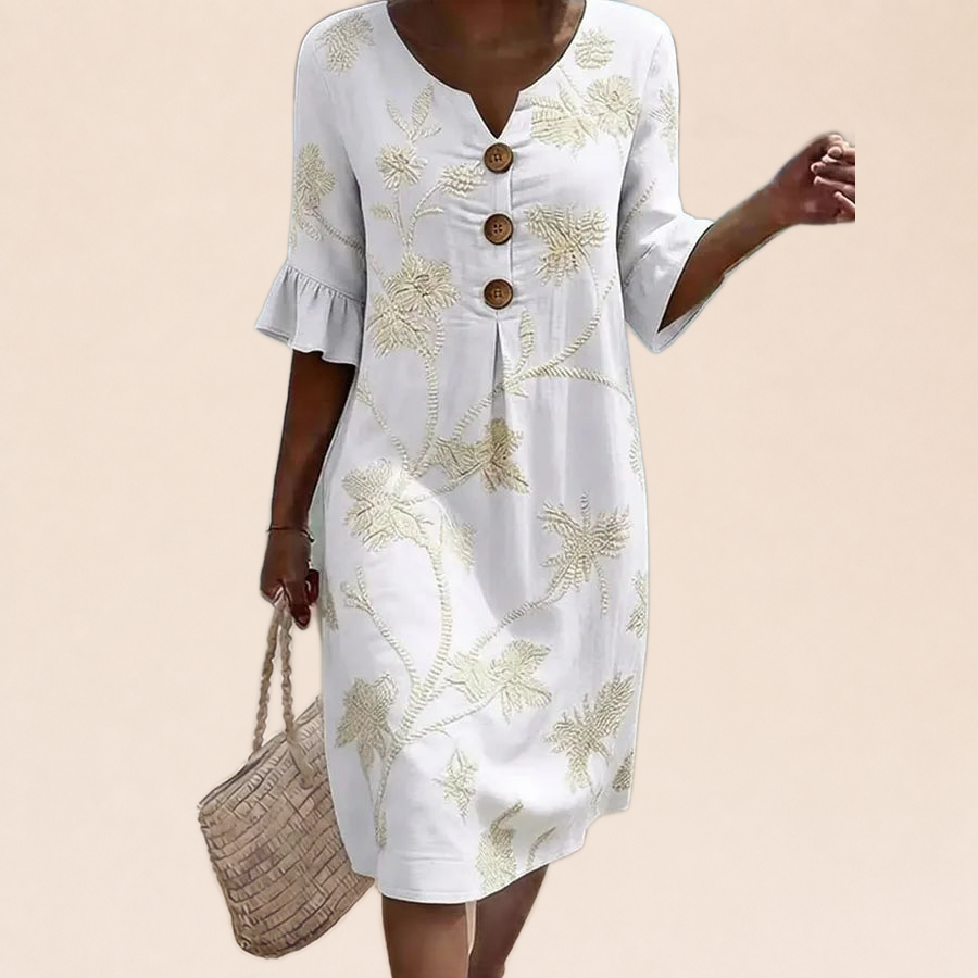 Albane | Robe Blanche aux Motifs Botaniques sur fond crème Verlanden