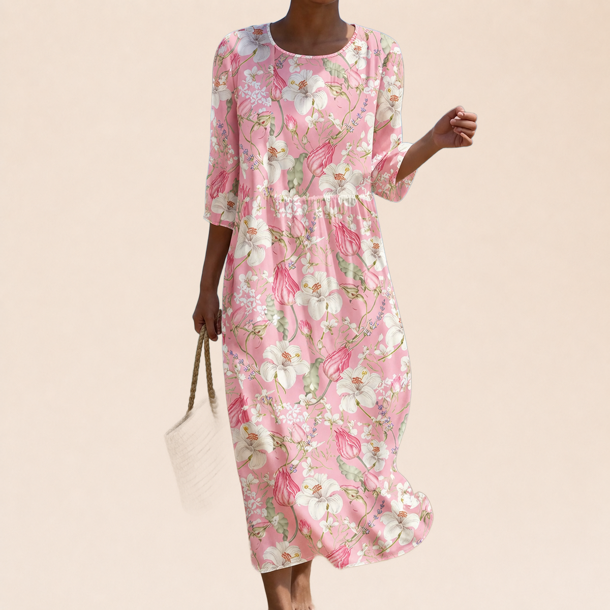 Azélie | Robe Rose aux Fleurs de Magnolia sur fond crème Verlanden