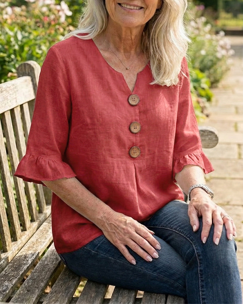 Ginerva | Blusa Lisa de Algodón-Lino con Botones de Madera y Volantes