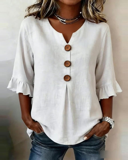 Ginerva | Blusa Lisa de Algodón-Lino con Botones de Madera y Volantes