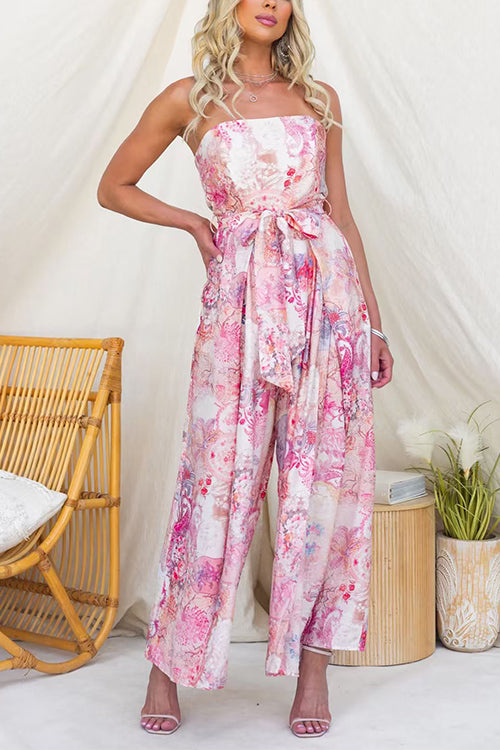 Vestido sin tirantes de estampado floral con lazo en la cintura y abertura en la pierna, de pierna ancha