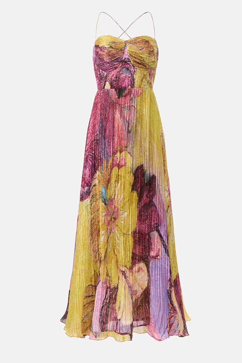 Vestido maxi plisado de tirantes finos con estampado floral y cintura entallada