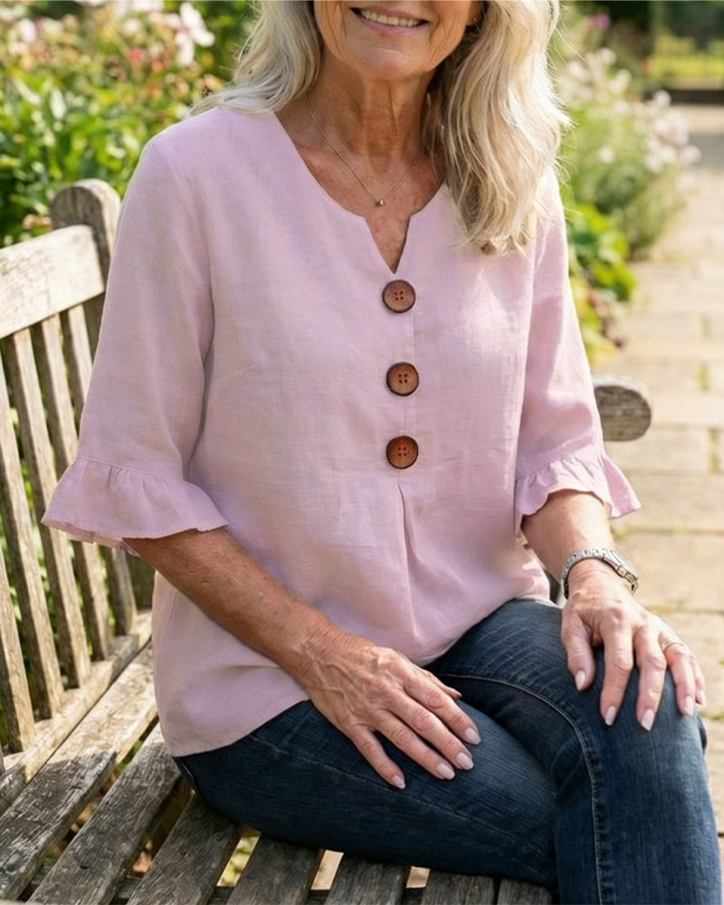 Ginerva | Blusa Lisa de Algodón-Lino con Botones de Madera y Volantes
