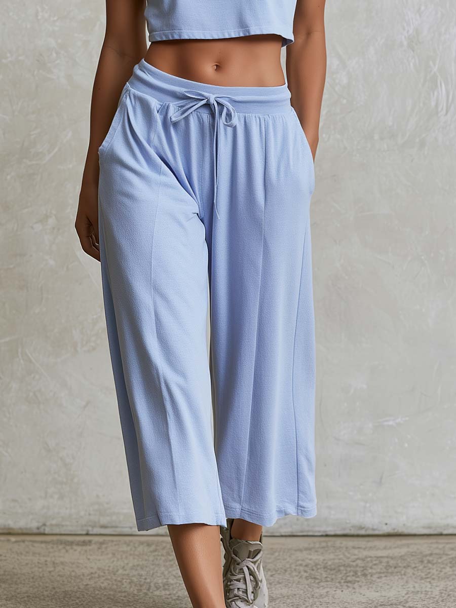 Athleisure Lazy Hazy Blue Soft Cotton Crew-neck Top And Pants Set