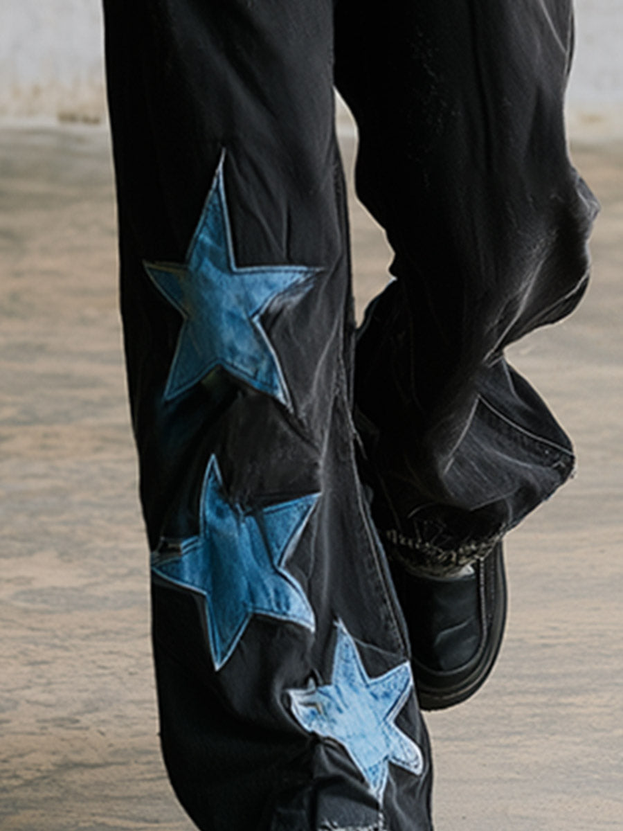 Casual Distinctive Star-patterned Sportswear Black Straight-leg Jeans