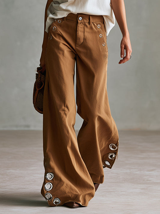 Versatile Retro Style With Metal Eyelets Caramel-colored Wide-leg Trousers