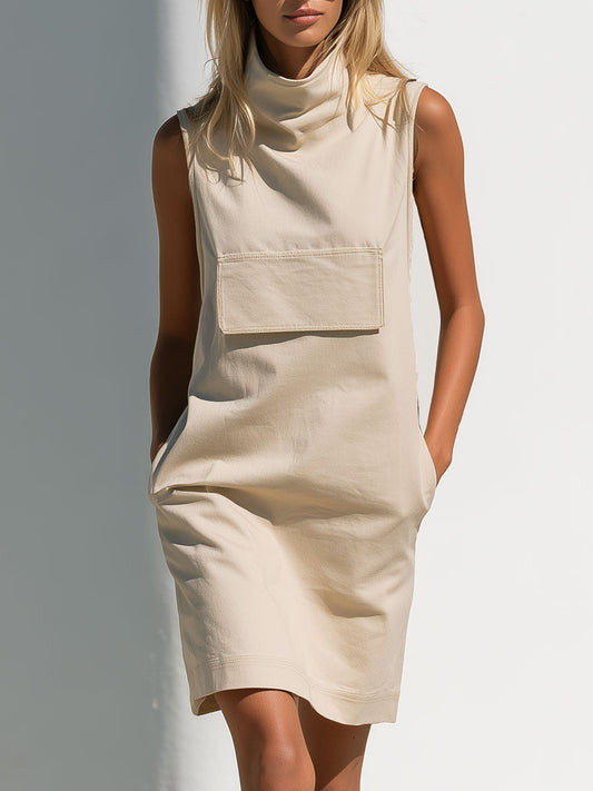 Casual Retro Beige Turtleneck Sleeveless Pocket Cotton Mini Dress