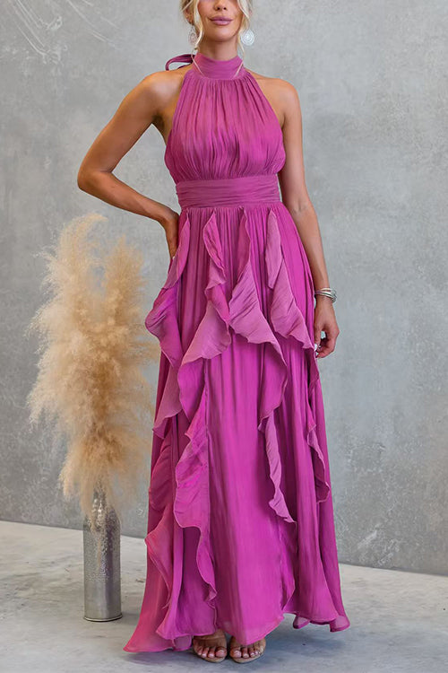 Vestido maxi de cuello halter con cintura entallada y volantes