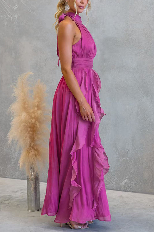 Vestido maxi de cuello halter con cintura entallada y volantes