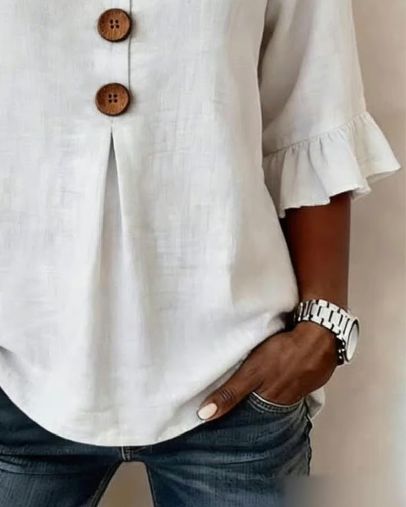 Ginerva | Blusa Lisa de Algodón-Lino con Botones de Madera y Volantes