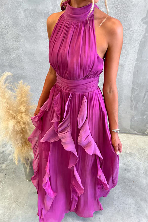 Vestido maxi de cuello halter con cintura entallada y volantes