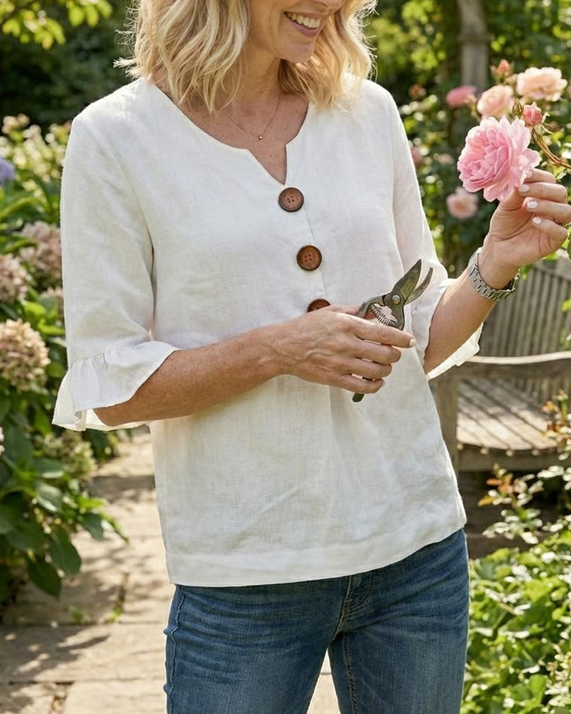Ginerva | Blusa Lisa de Algodón-Lino con Botones de Madera y Volantes
