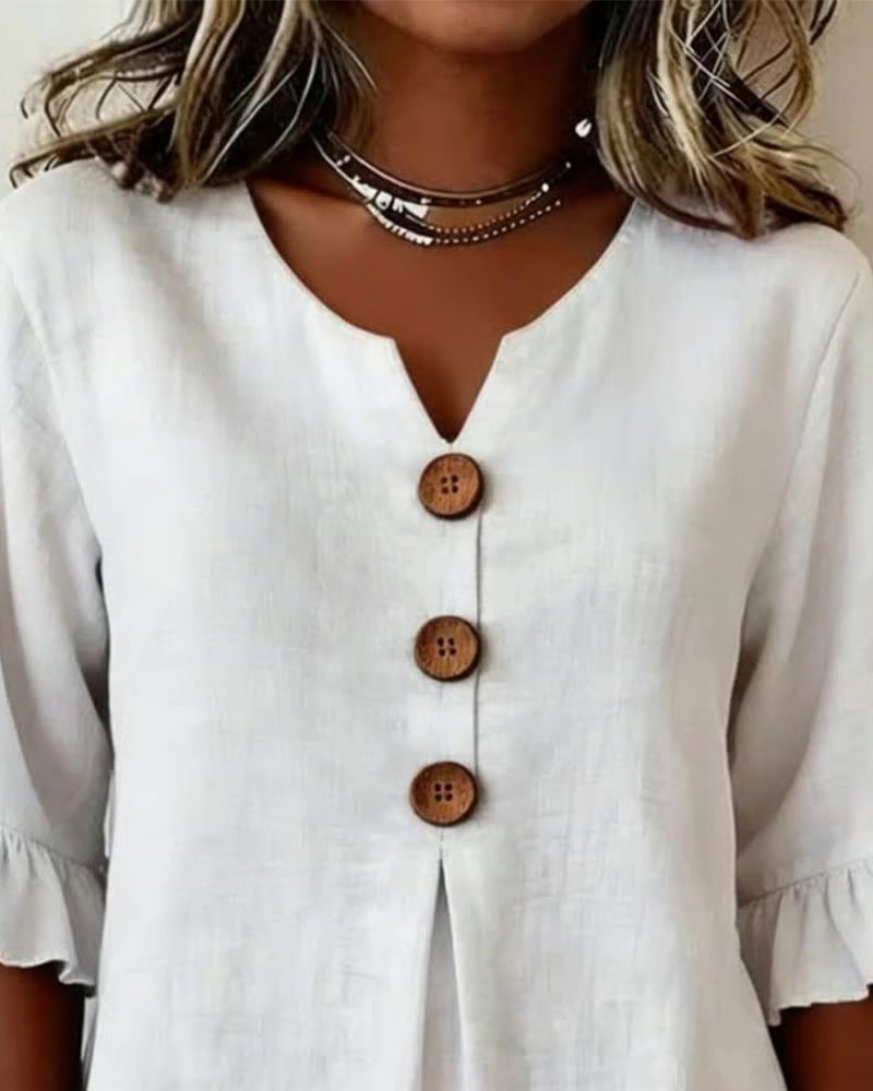Ginerva | Blusa Lisa de Algodón-Lino con Botones de Madera y Volantes