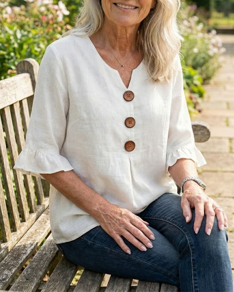 Ginerva | Blusa Lisa de Algodón-Lino con Botones de Madera y Volantes