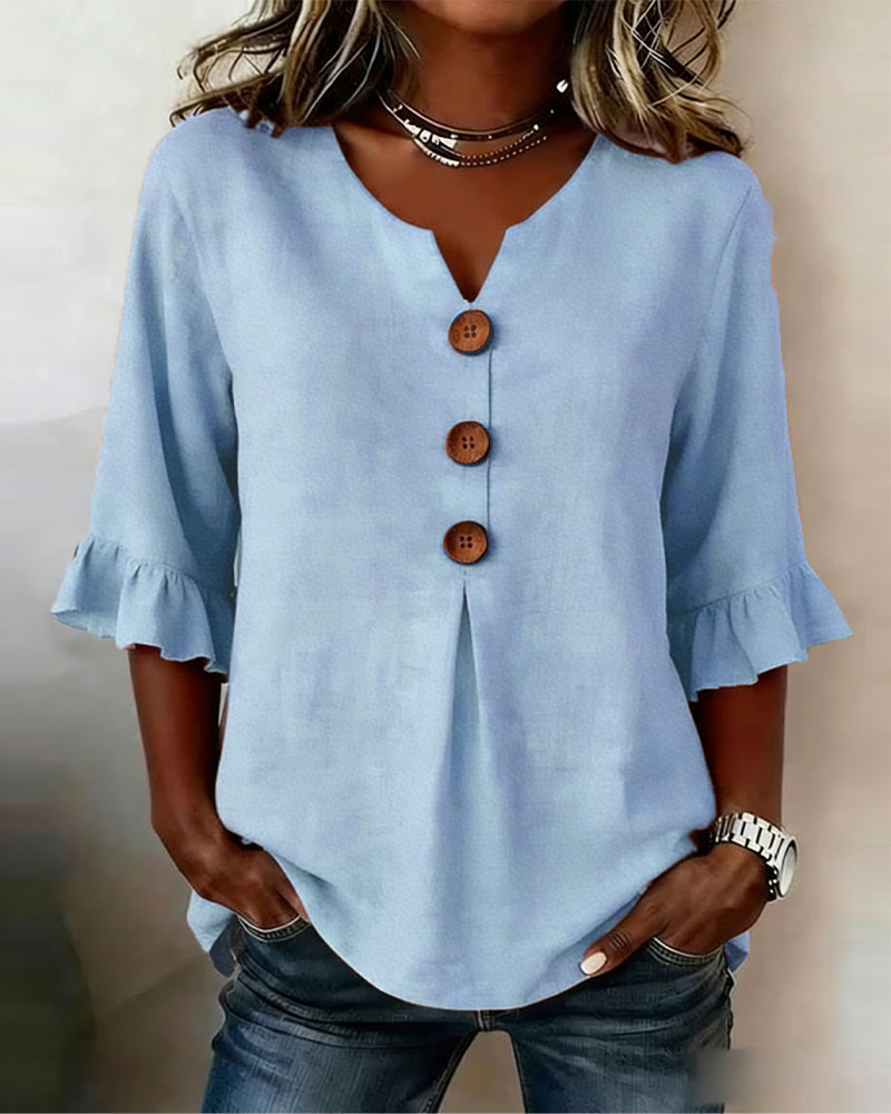 Ginerva | Blusa Lisa de Algodón-Lino con Botones de Madera y Volantes