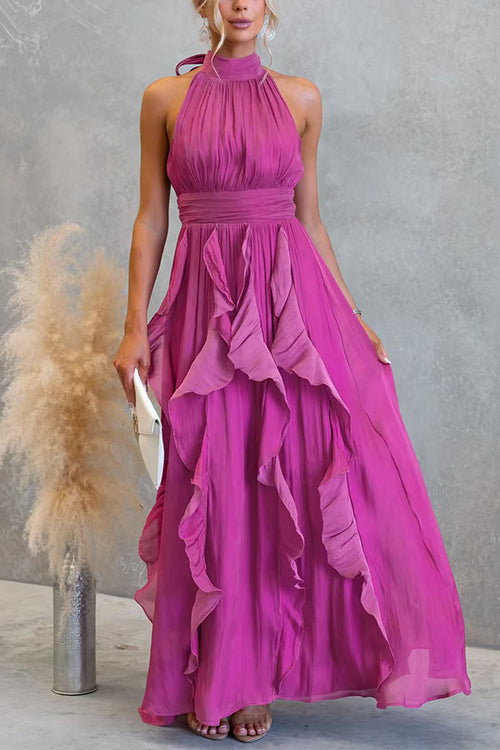 Vestido maxi de cuello halter con cintura entallada y volantes