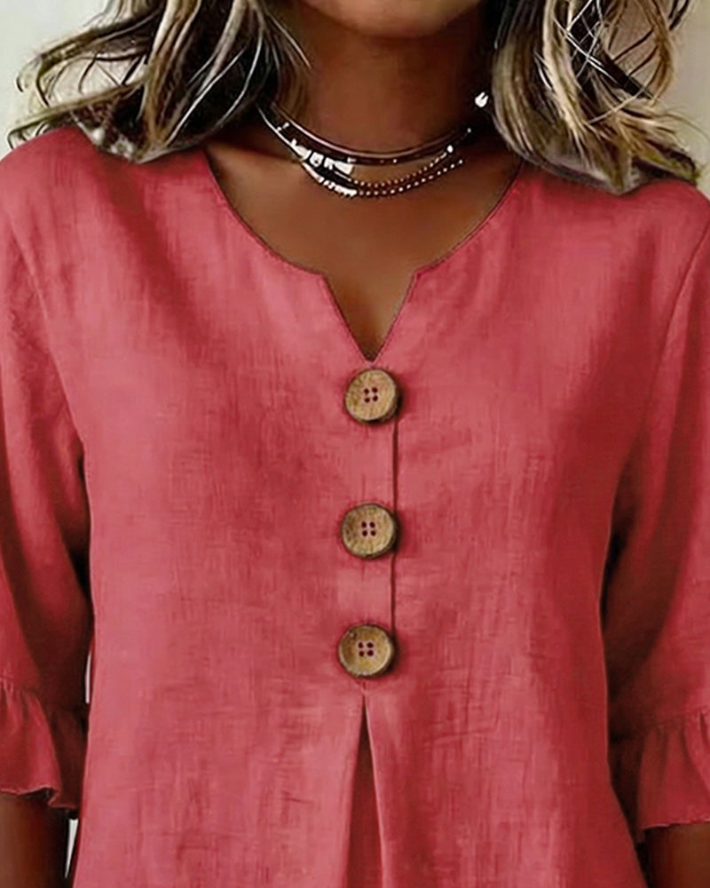 Ginerva | Blusa Lisa de Algodón-Lino con Botones de Madera y Volantes