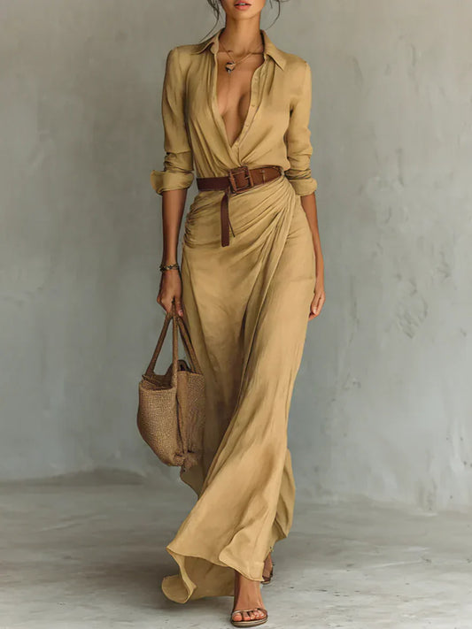 Camille | Vestido Maxi con Solapa y Cinturón en la Cintura