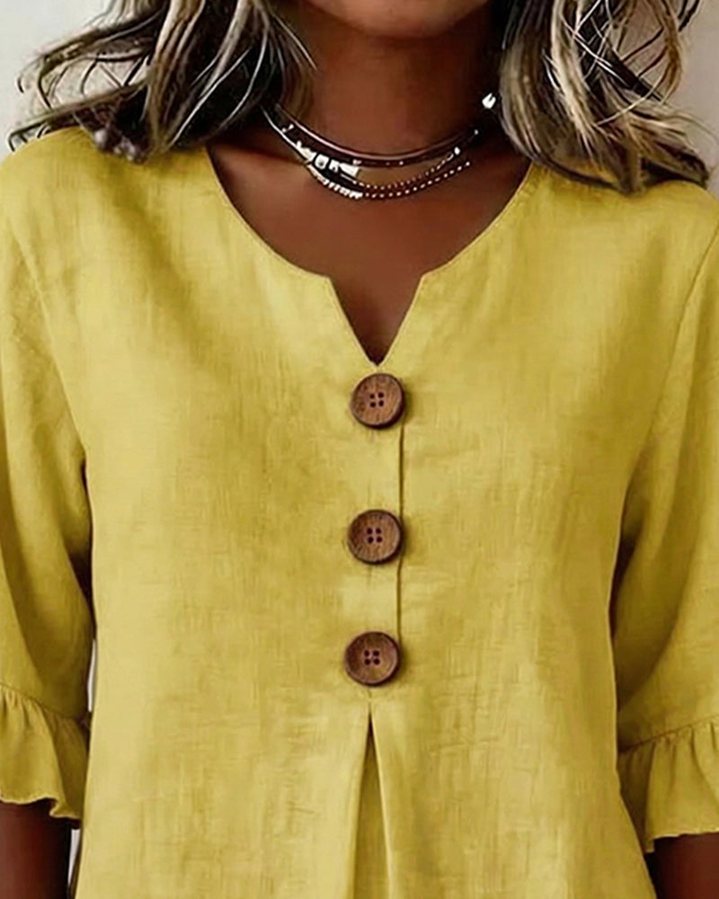 Ginerva | Blusa Lisa de Algodón-Lino con Botones de Madera y Volantes
