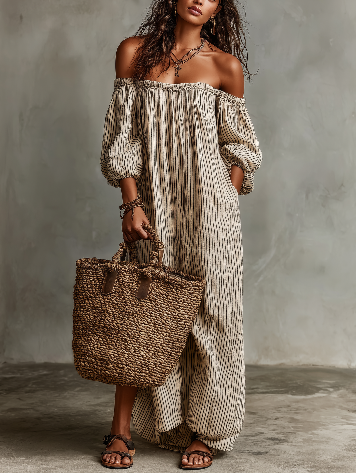 Carmen | Vestido Largo de Algodón y Lino con Diseño Off-Shoulder