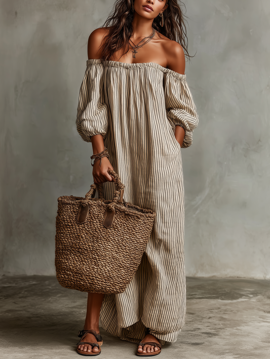 Carmen | Vestido Largo de Algodón y Lino con Diseño Off-Shoulder
