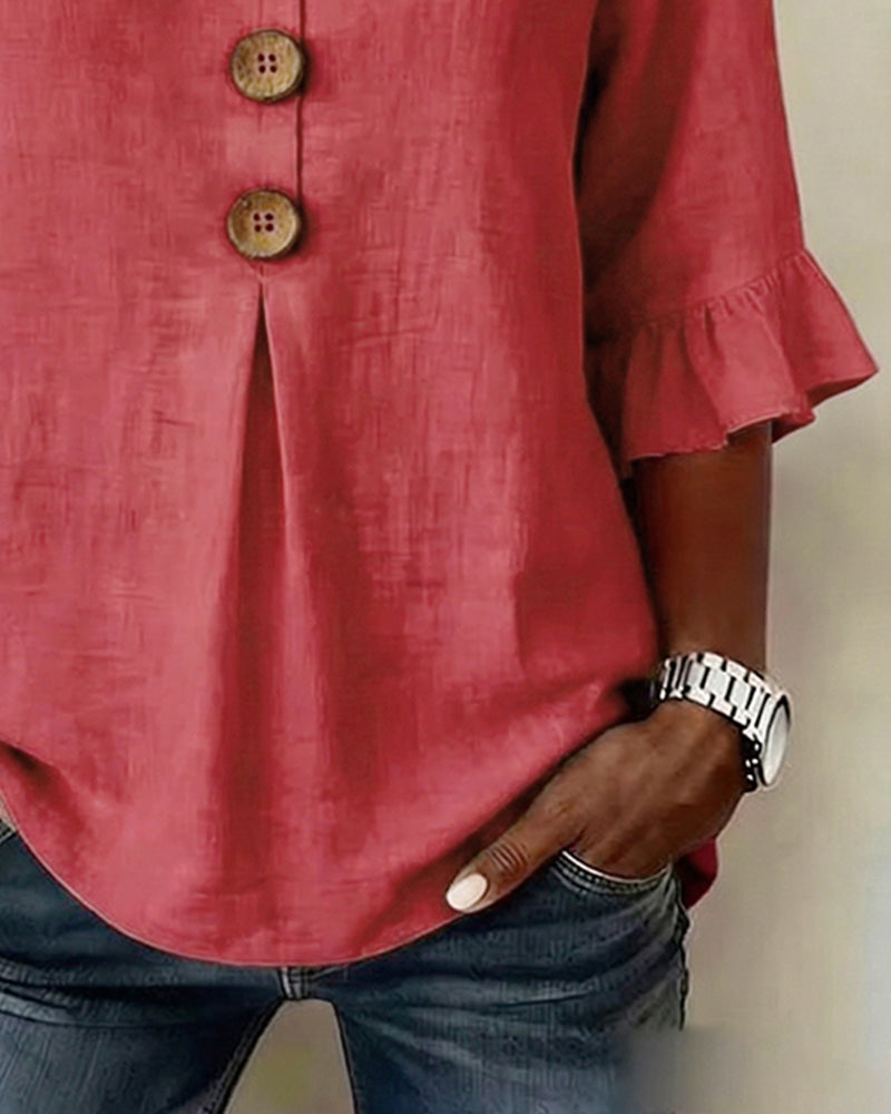 Ginerva | Blusa Lisa de Algodón-Lino con Botones de Madera y Volantes