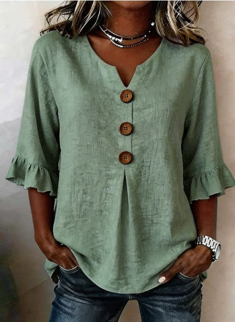 Ginerva | Blusa Lisa de Algodón-Lino con Botones de Madera y Volantes