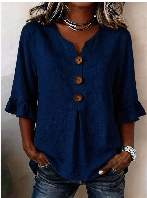Ginerva | Blusa Lisa de Algodón-Lino con Botones de Madera y Volantes