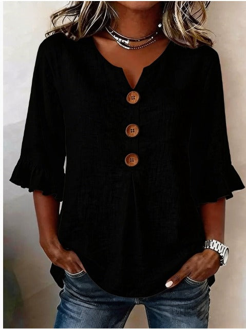 Ginerva | Blusa Lisa de Algodón-Lino con Botones de Madera y Volantes