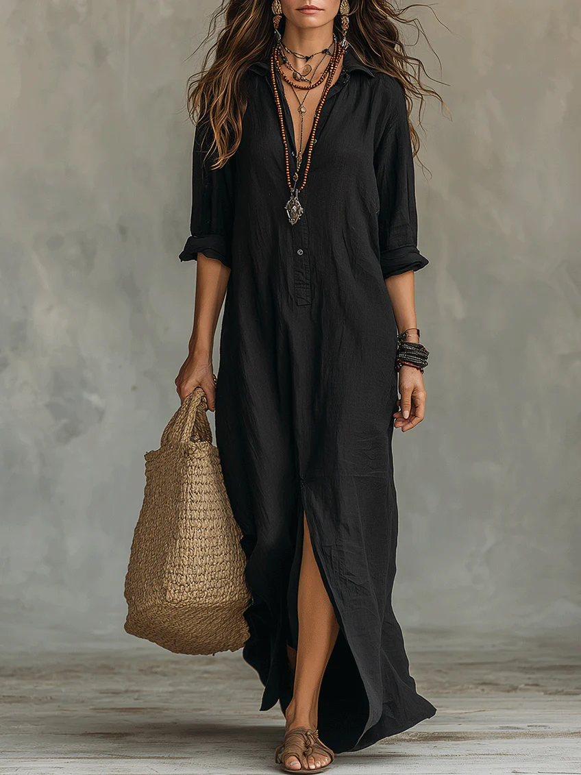 Soline | Vestido Maxi Negro Largo con Botones