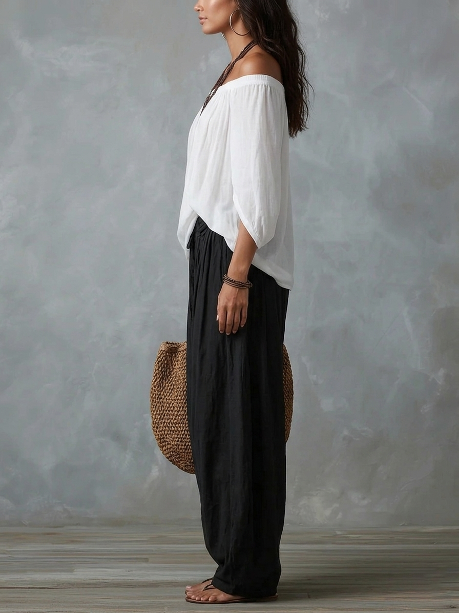 EMILIA · Ensemble avec haut blanc épaules dénudées et pantalon large ballon