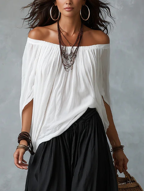 EMILIA · Ensemble avec haut blanc épaules dénudées et pantalon large ballon