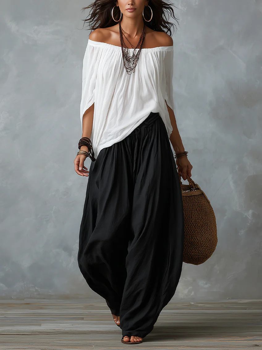 EMILIA · Ensemble avec haut blanc épaules dénudées et pantalon large ballon