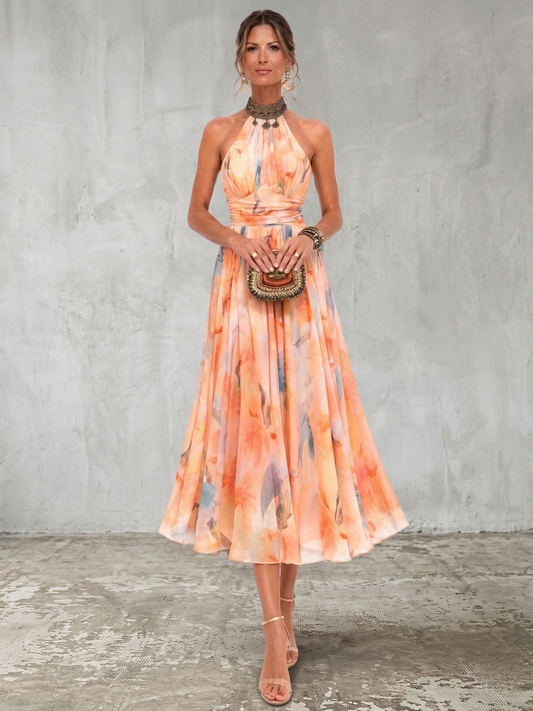 Aurora | Vestido con Escote Halter y Estampado Acuarela