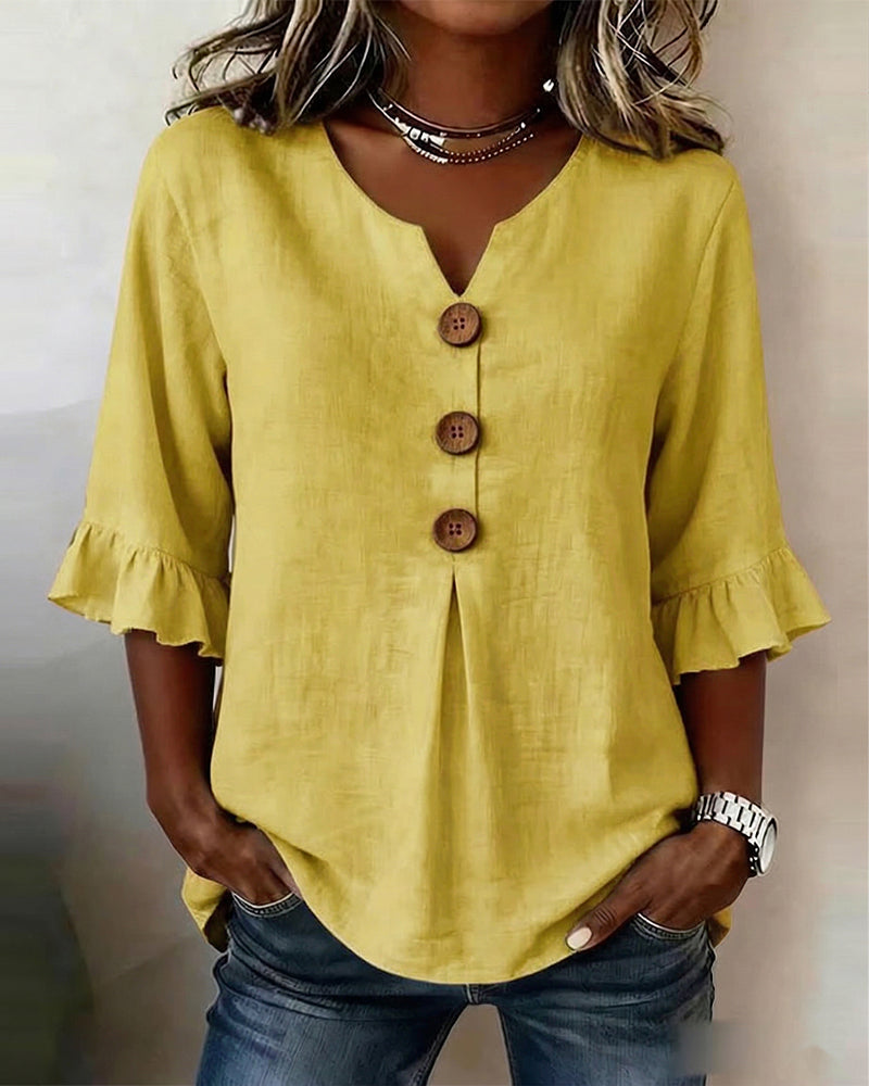 Ginerva | Blusa Lisa de Algodón-Lino con Botones de Madera y Volantes