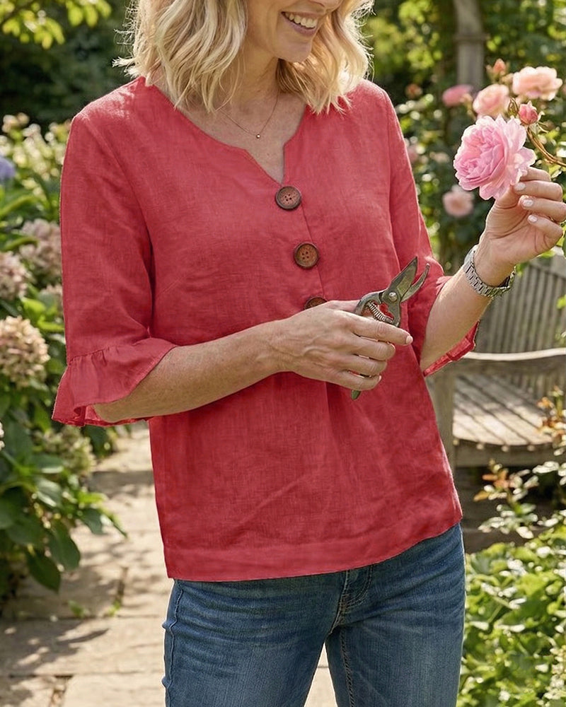 Ginerva | Blusa Lisa de Algodón-Lino con Botones de Madera y Volantes
